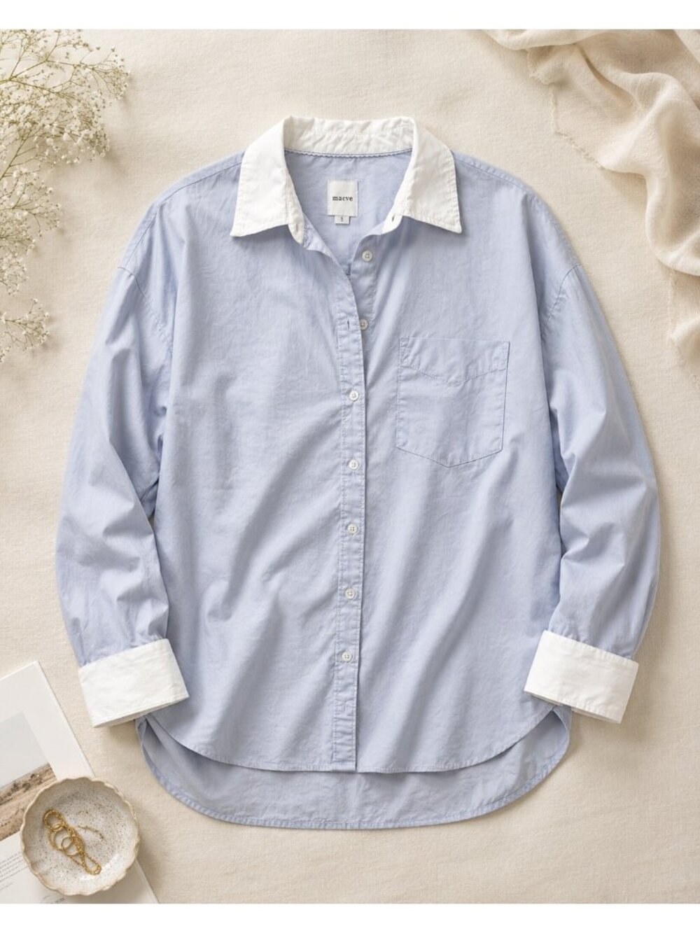 Maeve Light Blue Button-Up Shirt With White Collar & Cuffs 100% Cotton Small